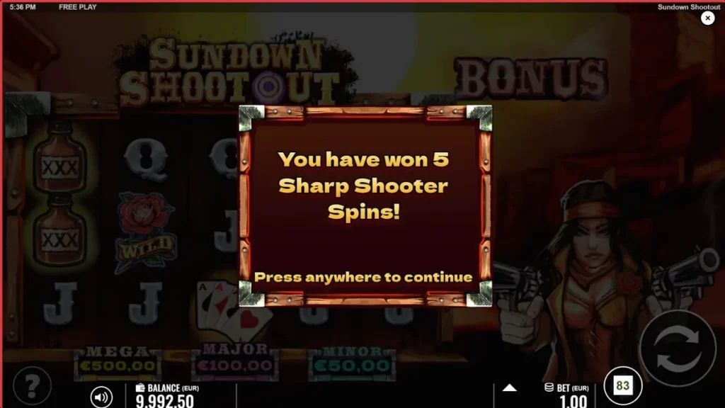 Sundown Shootout slot game screen featuring revolver symbols and desert background