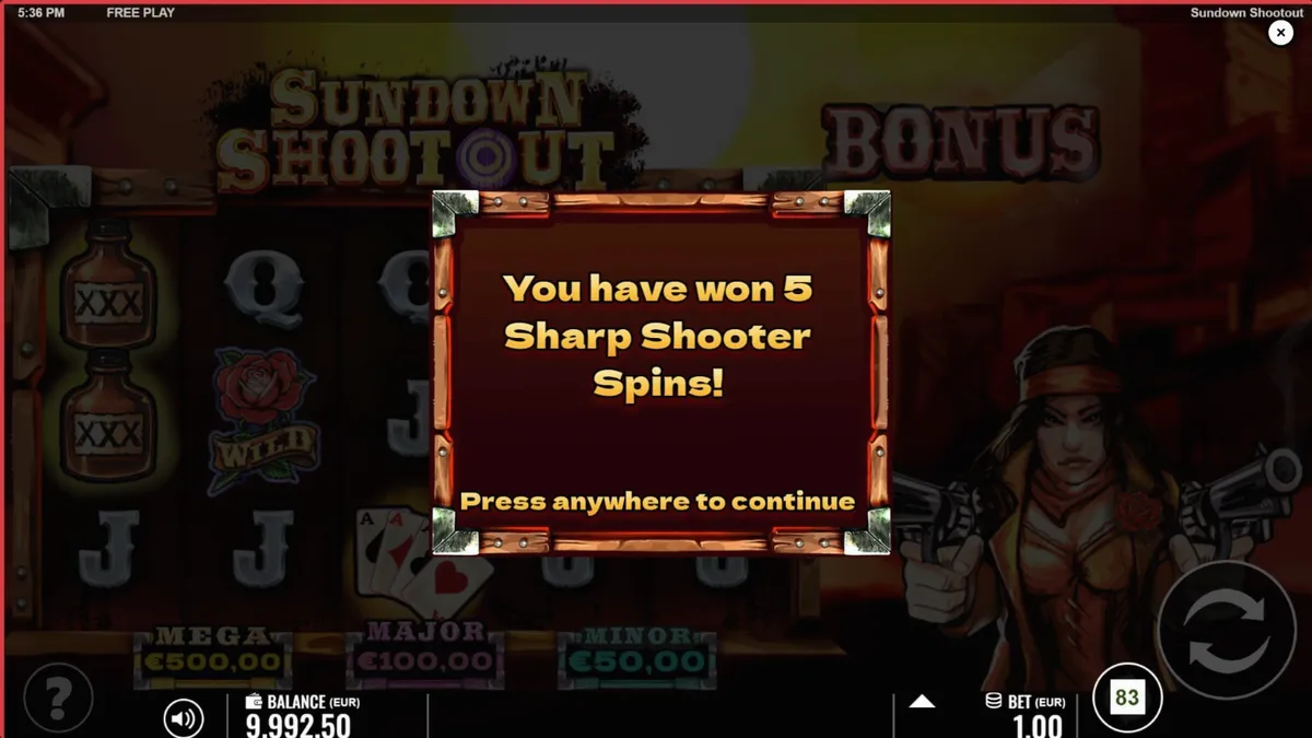 Sundown Shootout slot game screen featuring revolver symbols and desert background